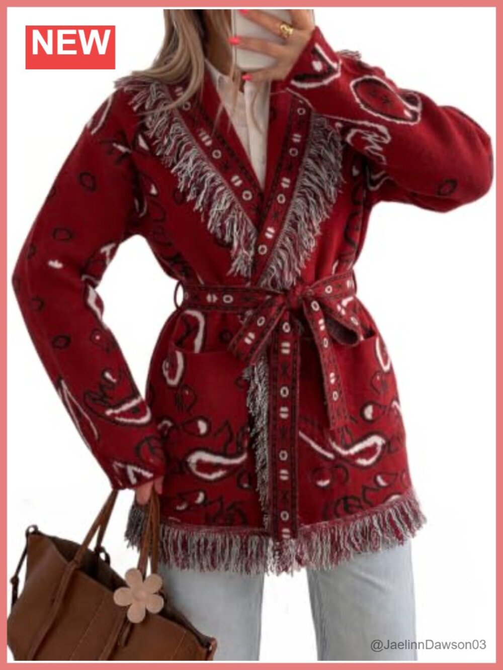 Womens Fringe Cardigan Long Sleeve Paisley Sweater with Belt